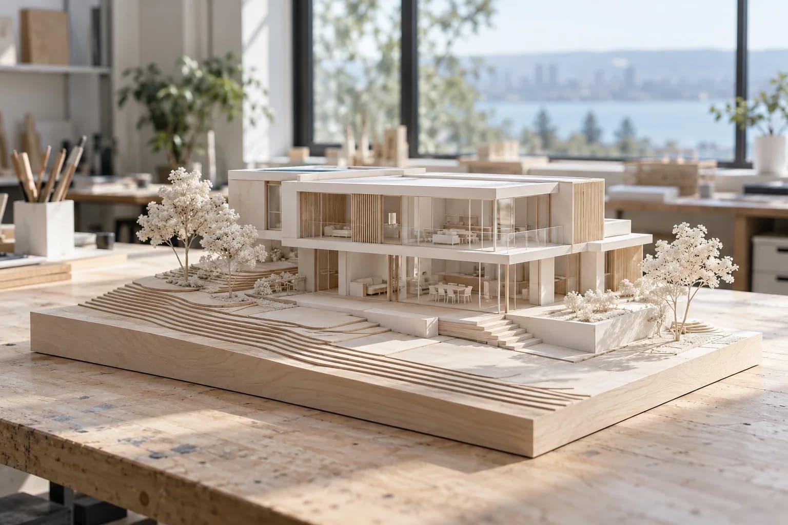 3D printed scale model of a house with scale landscaping.
