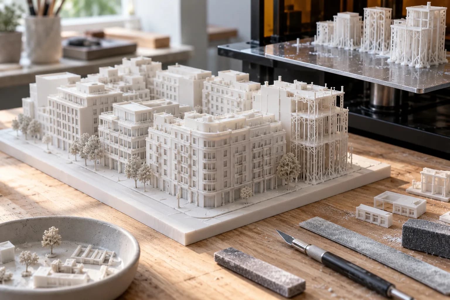 White 3D printed residential scale model on the workbench.