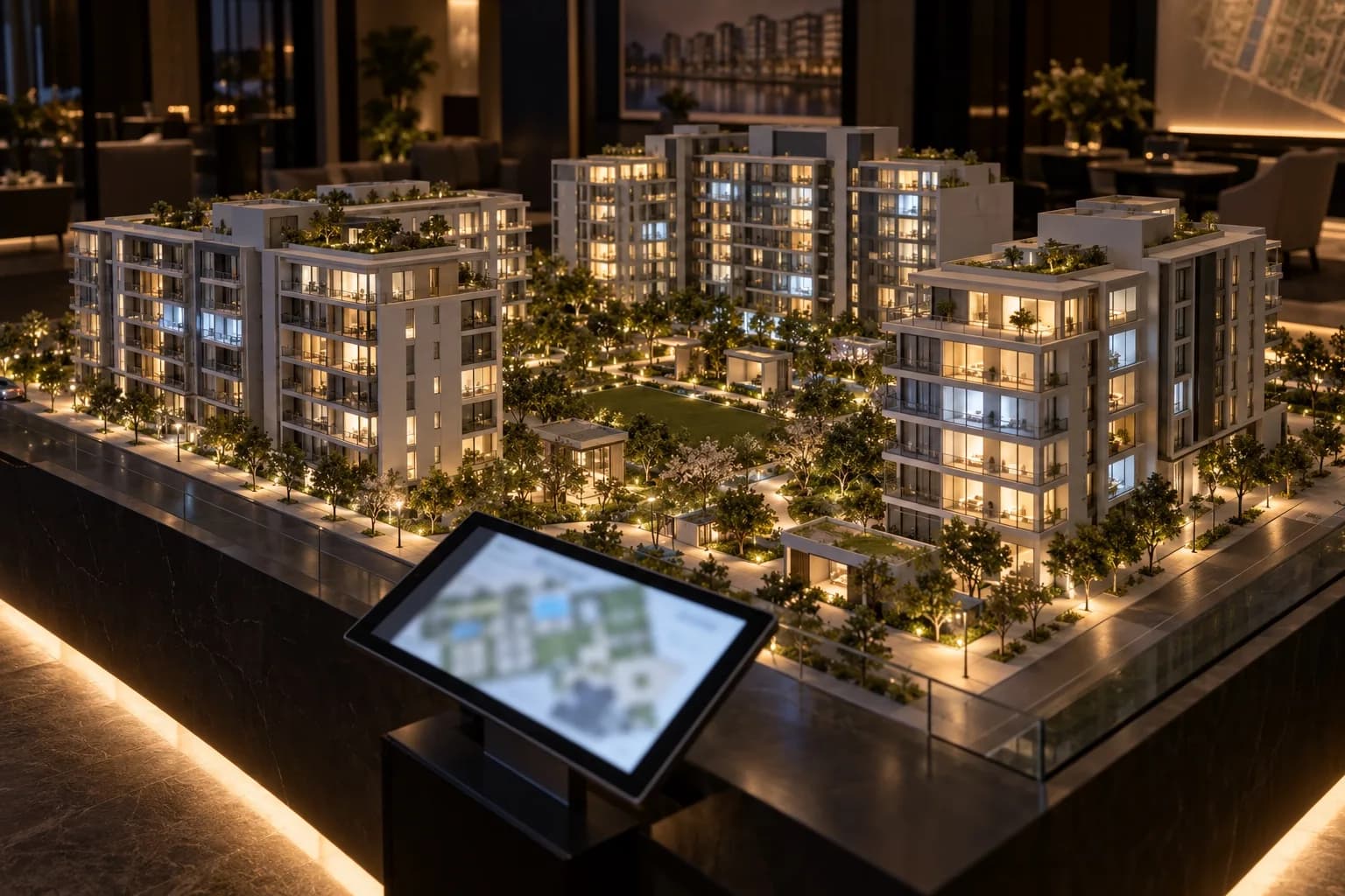 Illuminated interactive model with a control tablet in a sales suite.