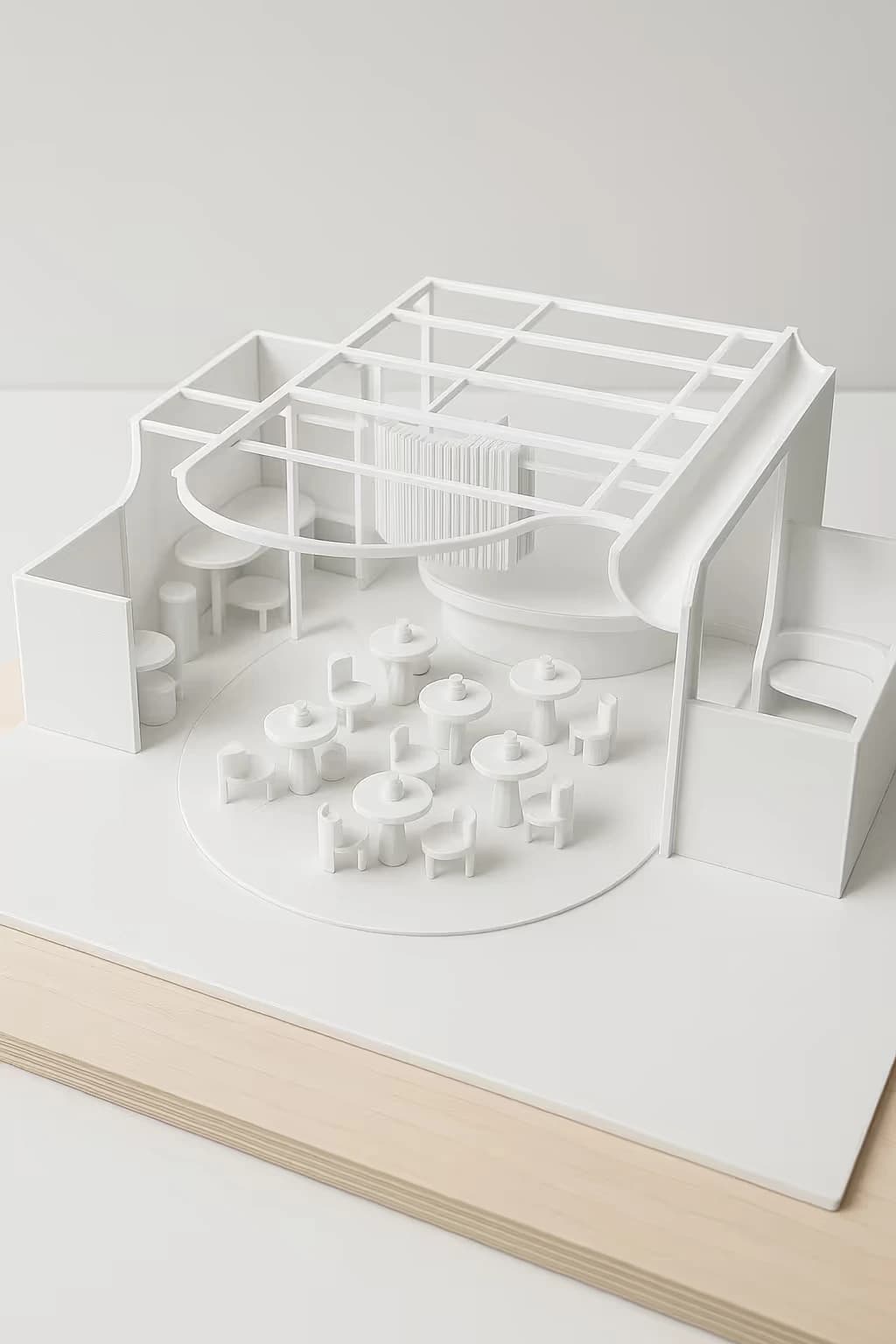 Foto d'una maqueta feta per a l'empresa Rockwell. És una maqueta d'arquitectura d'un saló de color blanc.