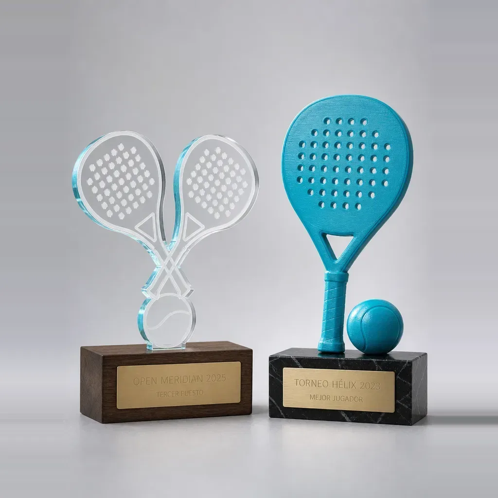 Dos trofeus de pàdel: un de metacrilat amb pales creuades i un altre imprès en 3D amb pala blava.